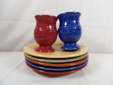 LONGABERGER MULTI COLORED POTTERY WITH 5 DINNER PLATES AND 2 COFFEE CUPS IN BASKET DETAIL