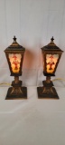 (2) VINTAGE ORNATE REVERSE PAINTED GLASS TABLE LAMPS IN BOUDOIR STYLE