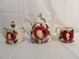 (3) PIECE PURINTON SLIPWARE APPLE PATTERN TEAPOT WITH SUGAR AND CREAMER SET