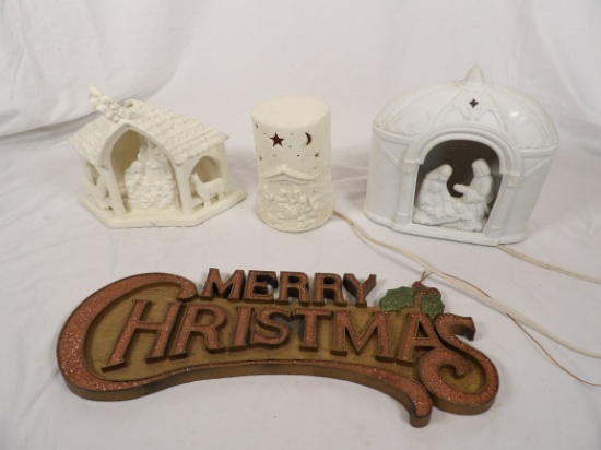 LOT OF CHRISTMAS DECOR INCLUDING 3 PORCELAIN LIGHTED NATIVITIES AND SIGN