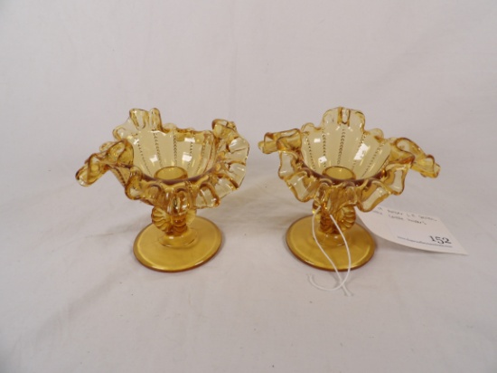 PAIR (2) OF AMBER L.E.SMITH RUFFLE CANDLE HOLDERS