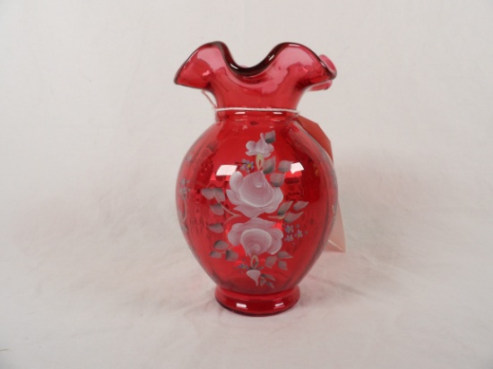 FENTON HAND PAINTED RUFFLED CRANBERRY VASE 2003 #976