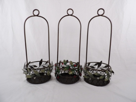 LOT OF (3) METAL PARTYLITE GARDEN LITES HANGING CANDLE HOLDERS IN  OLIVE LEAF AND HOLLY PATTERN
