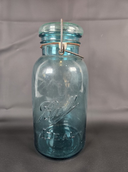 LARGE VINTAGE BALL "IDEAL" JAR WITH GLASS LID AND WIRE CLOSURE IN BLUE