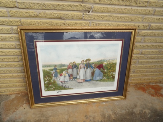 HUGE VINTAGE "BERRY PICKERS" ETCHING MATTED IN GOLD TONE WOODEN FRAME