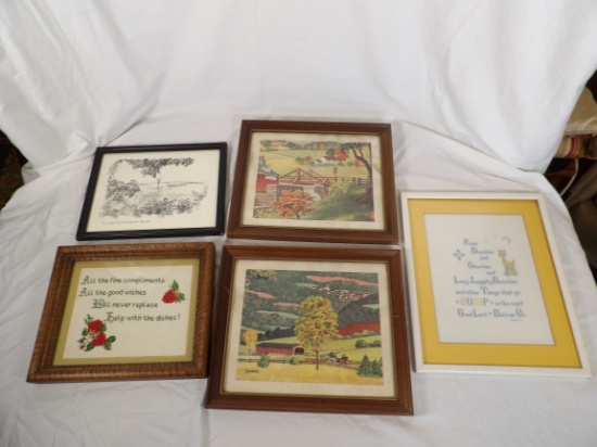 LOT OF (5) ASSORTED FRAMED ART INCLUDING PRINTS AND CROSS STITCH