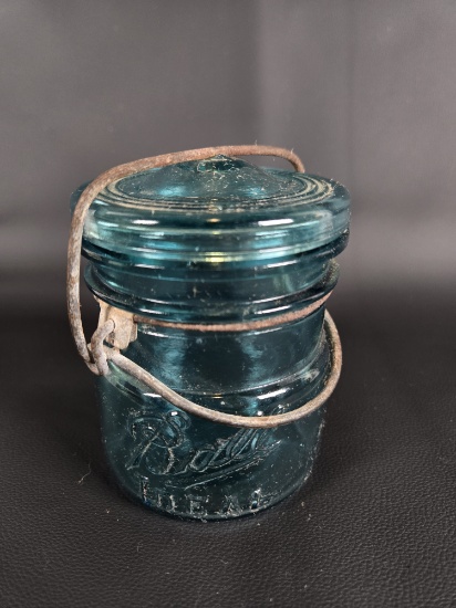 TINY VINTAGE BALL IDEAL GLASS JAR IN BLUE WITH GLASS LID AND WIRE CLOSURE