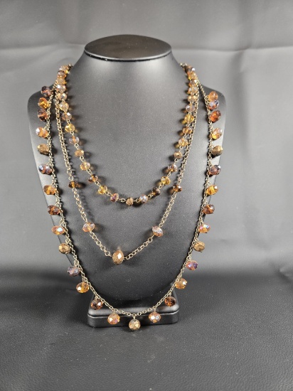 VINTAGE THREE STRAND NECKLACE WITH BROWN CRYSTALS