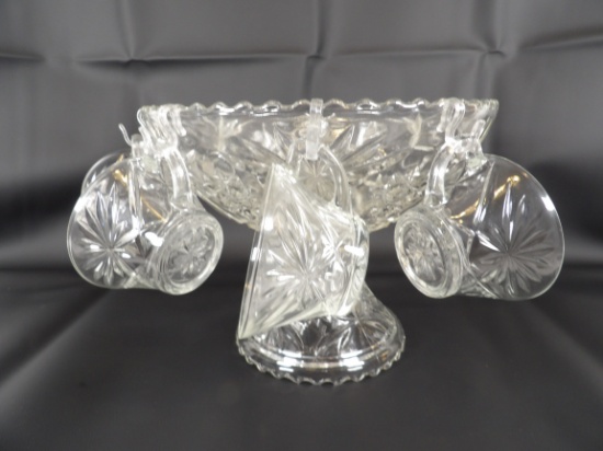 AMERICAN PRESCUT FOOTED PUNCH BOWL WITH (4) PUNCH CUPS
