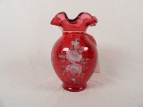 FENTON HAND PAINTED RUFFLED CRANBERRY VASE 2003 #976