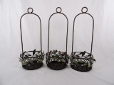 LOT OF (3) METAL PARTYLITE GARDEN LITES HANGING CANDLE HOLDERS IN  OLIVE LEAF AND HOLLY PATTERN