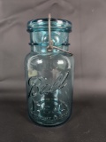 VINTAGE BALL IDEAL JAR IN BLUE WITH GLASS LID AND WIRE CLOSURE