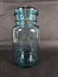 VINTAGE BALL IDEAL JAR IN BLUE WITH GLASS LID AND WIRE CLOSURE
