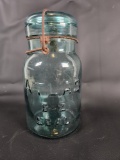 VINTAGE ATLAS E-Z SEAL JAR IN BLUE WITH GLASS LID AND WIRE CLOSURE