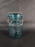 SMALL VINTAGE BALL IDEAL JAR IN BLUE WITH GLASS LID AND WIRE CLOSURE