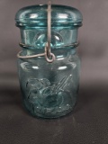 SMALL VINTAGE BALL IDEAL JAR IN BLUE WITH GLASS LID AND WIRE CLOSURE