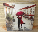 HUGE CANVAS PRINT WITH COUPLE UNDER RED UMBRELLA WITH DOG SCENE