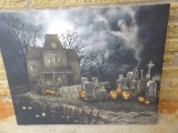 HALLOWEEN CANVAS HAUNTED HOUSE AND GRAVEYARD SCENE LIGHTED PRINT