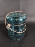 TINY VINTAGE BALL IDEAL GLASS JAR IN BLUE WITH GLASS LID AND WIRE CLOSURE