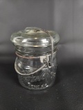 TINY VINTAGE BALL IDEAL GLASS JAR WITH GLASS LID AND WIRE CLOSURE