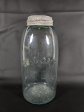 LARGE VINTAGE MASON'S JAR IN BLUE GLASS WITH ZINC TOP