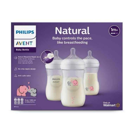 Philips Avent Natural Baby Bottle with Natural Response Nipple, with Pink Elephant Design