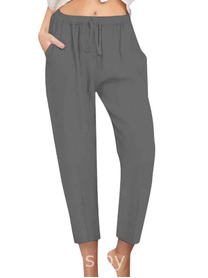 Tapered Pants Women Casual Cotton Linen Summer Drawstring Soft Cropped Trousers High Waisted Medium