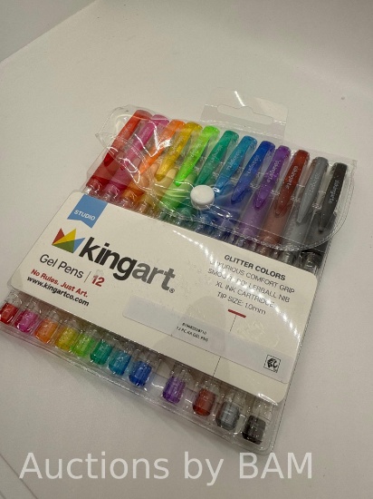 Kingart Soft Grip Glitter Gel Pens, XL 2.5mm Ink Cartridge, Set of 12 Unique Colors