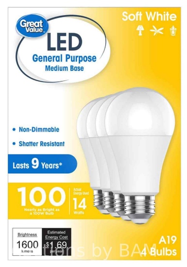 Great Value LED Light Bulbs, 100 Watts Eqv, Soft White, A19