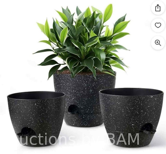 Gardrium 12/10/9 Inch Plant Flower Pot Round Speckled Black Plastic Self Watering for Indoor/Outd...