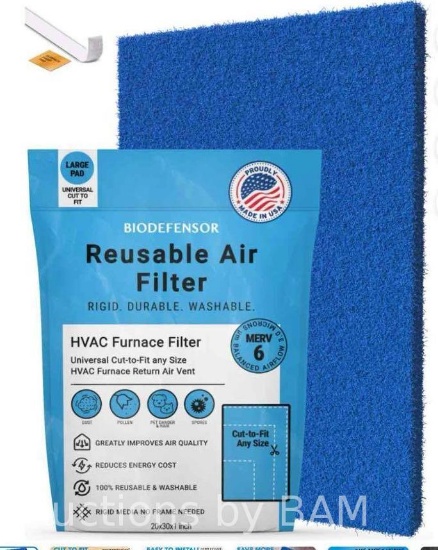 Biodefensor Washable Reusable AC Furnace Filter, MERV 6, 20x30x1 Cut to Fit Material, Made in USA