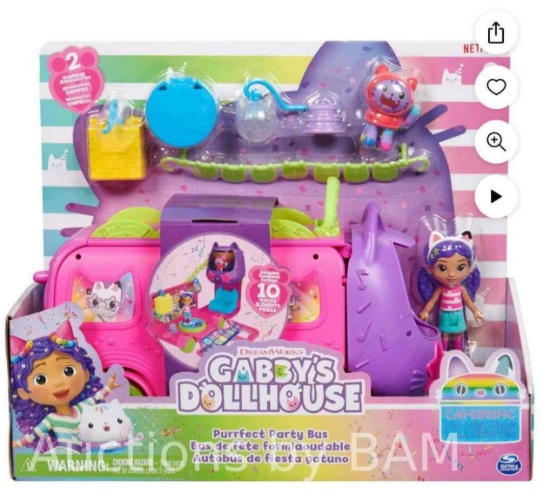 Gabby?s Dollhouse, Celebration Party Bus Transforming Vehicle Playset with Gabby & DJ Catnip Toy