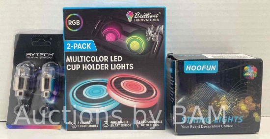BYTECH WHEEL LIGHTS, BRILLIANT MULTICOLOR LED CUP HOLDERS & HOOFUN BATTERY OPERATED STRING LIGHTS