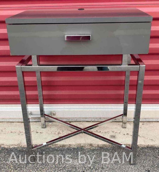 COASTER COMPANY GREY CHROME FINISH STEEL FLOATING TOP ACCENT TABLE W USB PLUG 18? X 11.75? H23.75?