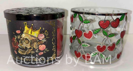 NEW BATH & BODY WORKS VAMPIRE BLOOD SCENTED CANDLE & LARGE 3 WICK RED CHERRY HEART METAL CANDLE
