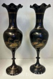 PAIR OF SOLID BRASS ETCHED URN STYLE VASES FROM INDIA H14? $72