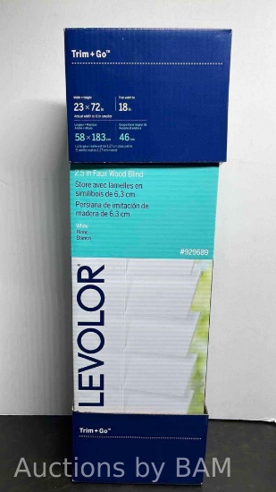 NEW LEVOLOR TRIM AND GO 2.5in FAUX WOOD WHITE BLIND 23in X 72in MODEL 929689