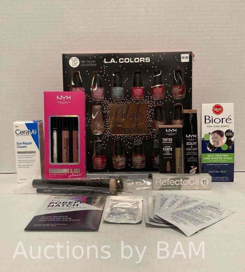 VARIETY OF BEAUTY PRODUCTS NAIL POLISH. SKIN CARE. EYEBROW MAKEUP AND BRUSHES