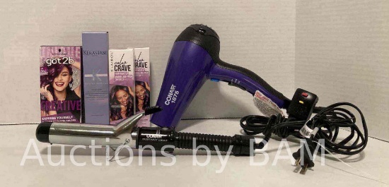 CONAIR CURLING IRON CONAIR BLOW DRYER AND SEMI PERMANENT HAIR DYE HAIR MAKEUP