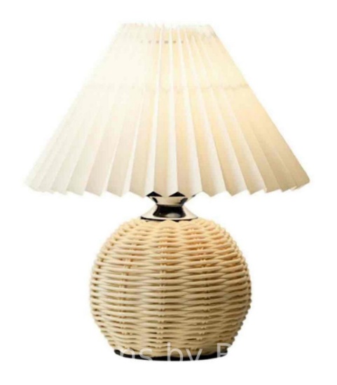 Pleated Skirt Table Lamp, Modern Nightstand Lamp with Beige Shade Rattan Metal Base