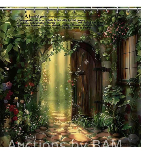 Enchanting Fantasy Garden Gate Shower Curtain Whimsical Bathroom Decor with Greenery and Blooming
