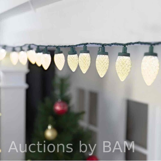 100-Count Warm White LED Diamond-Cut C9 Christmas Lights with Green Wire, 59.6 ft, Holiday Time