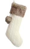 Ivory Cable Knitted Body, Faux Fur Cuff with Faux Fur Fluffy Pompom Ball Christmas Stocking, Xmas