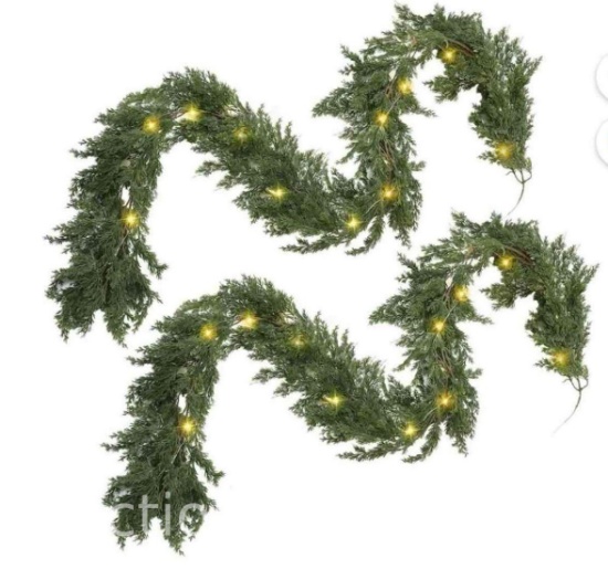 TETOU Christmas Cedar Garland, Pre-lit Faux Cypress Garland, Realistic Artificial Greenery Pine