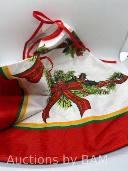 Holly Ribbon Pines Christmas Tree dress skirt, Christmas Winter Holiday party tree mat indoor
