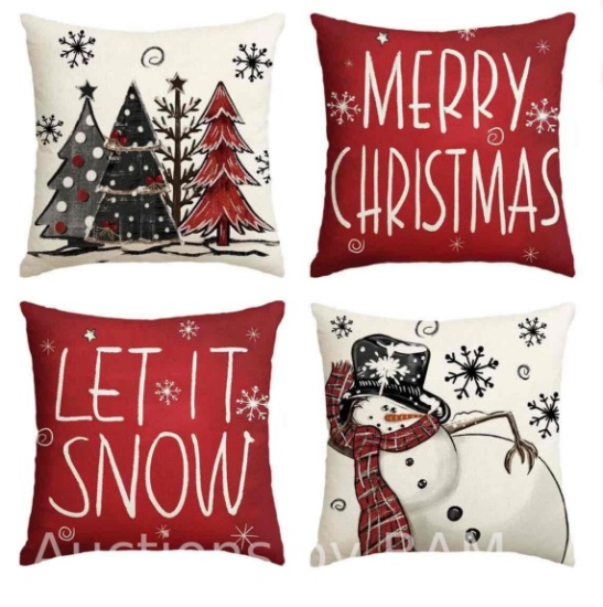 Smile Snowman Let It Snow Christmas Winter Pillow Covers 16 x 16 Inch Set of 4 Red