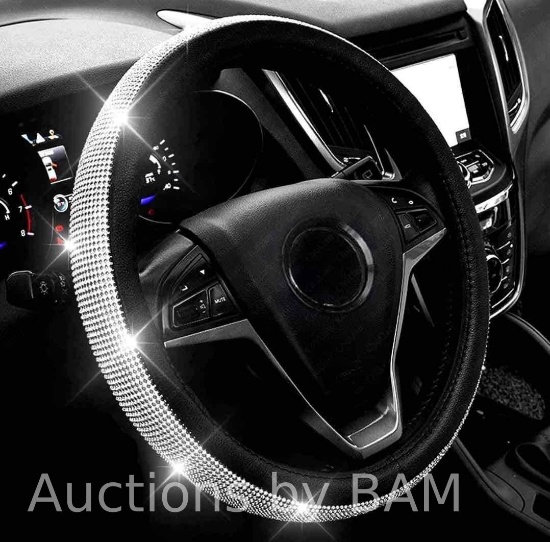 New Diamond Leather Steering Wheel Cover with Bling Bling Crystal Rhinestones, Universal Fit 15 I...