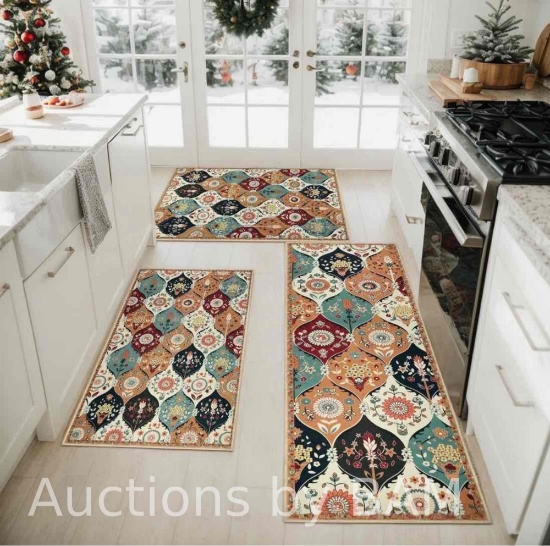 Aonewoe Boho Kitchen Rugs Sets of 3 Non Slip Washable Kitchen Rugs and Runners Decorative Floral
