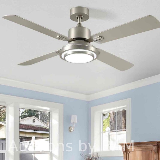 Dextrus 4-Blade Contemporary 52 Ceiling Fan with Light and Remote Control, Brushed Nickel Finish,