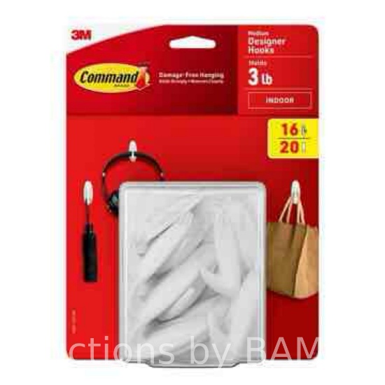 Command Hooks Indoor Use Organize Damage-Free White 16 Hook 20 Strips Designer, Holds 3lb